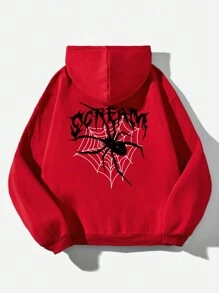 SHEIN EZwear 休闲简约蜘蛛印花图案女式连帽宽松运动衫，适合秋冬季