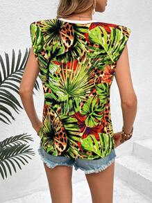 SHEIN VCAY Tropical Printed Padded Shoulder T-Shirt - Multicolor - View 2