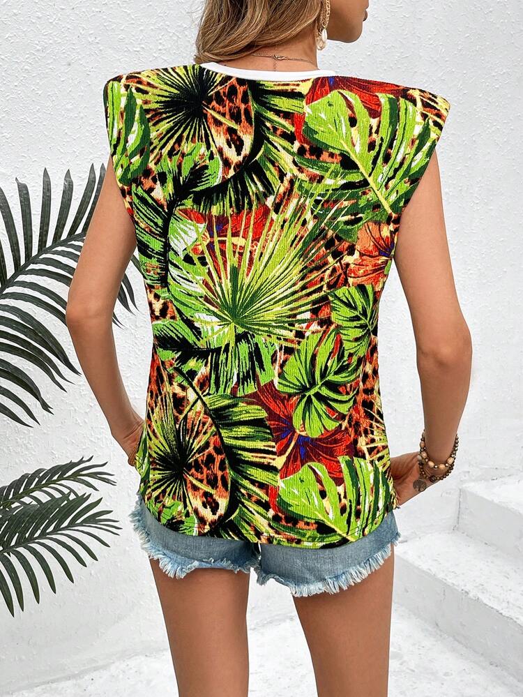 Tropical Printed Padded Shoulder T-Shirt