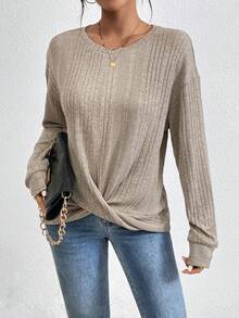 SHEIN Essnce 女裝十字交叉搭配下擺下垂t恤 - 杏色 - 查看 6