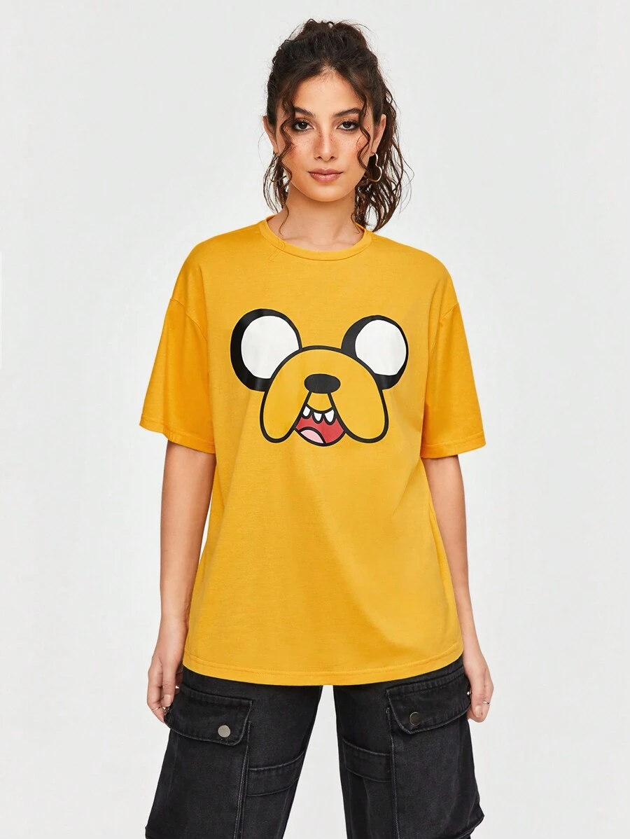 ADVENTURE TIME X SHEIN 卡通图案圆领黄色可爱 T 恤