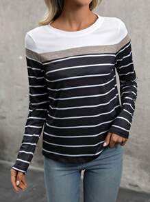 EMERY ROSE 撞色条纹长袖T恤 女式印花T恤 春秋季女式上衣 - 黑色 - 查看 4
