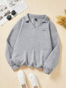 Flirla 大尺碼女款字母印花貼布立領套頭衫 - 灰色 - 查看 1