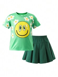 2入組幼兒女童可愛花朵和臉部短袖t卹和褶皺裙,適用於春夏季 - 綠色 - 查看 6