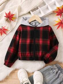 SHEIN 女童休閒紅黑格紋連帽短拉鍊外套春秋 - 黑色 - 查看 3
