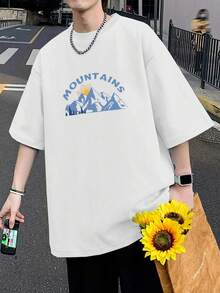 Men's Drop Shoulder Short-Sleeve T-Shirt With Mountains And Letter Print - White - View 1