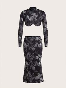 SHEIN ICON Chinese Dragon Printed Cropped Top And Pencil Skirt Set - Black and White - View 2