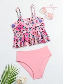 Tween 女孩心形圖案印花掛脖比基尼套裝 - 粉色 - 查看 1