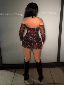 Slaydiva Off-The-Shoulder Mesh Dress With Heart Print - Multicolor - View 2