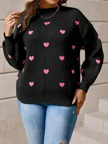 Calvaya Women's Plus Size Heart Pattern Round Neck Drop Shoulder Sweater - Black - View 4