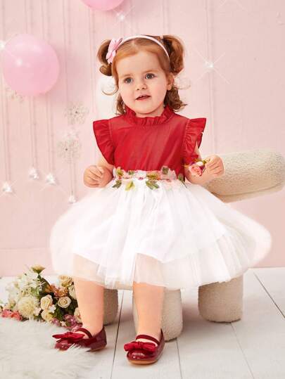 嬰兒女童色塊花卉刺繡網拼接連帽短袖裙