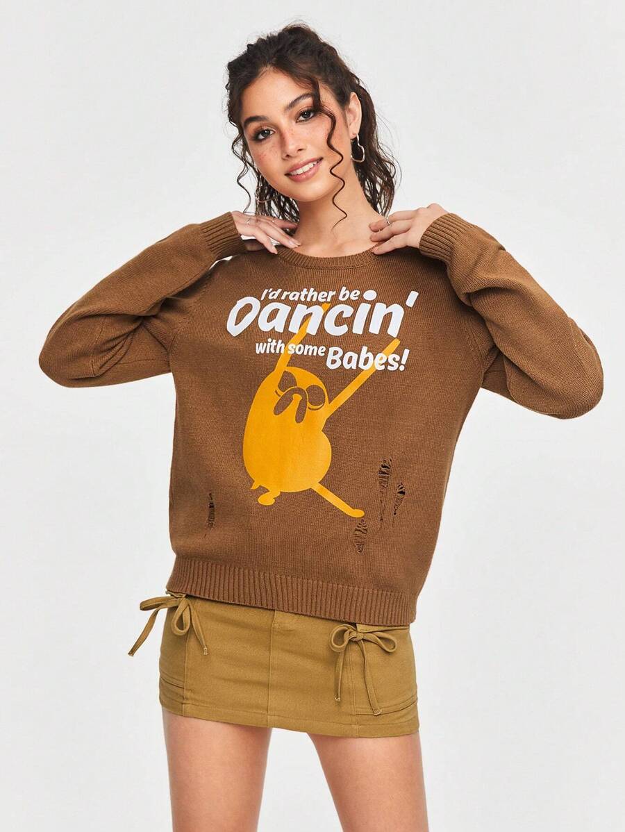 ADVENTURE TIME X SHEIN Cartoon Printed Long Sleeve Distressed Sweater