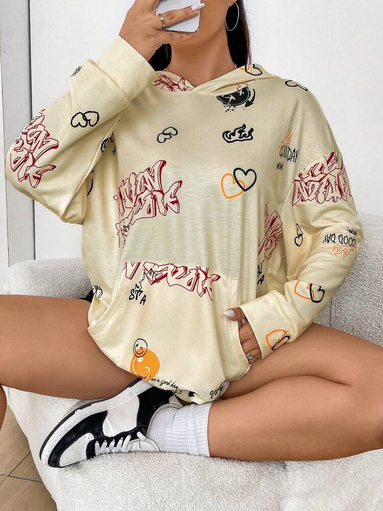 Plus Size Women's Hooded Sweatshirt With Letter Print Pullover Fall Sweatshirt