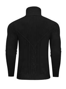 Men's High Neck Cable Knit Sweater - Black - View 2
