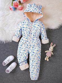 SHEIN Young Girls' Floral Print Hooded Jumpsuit With 3d Ears And Thermal Lined For Autumn/Winter - Blue - View 1