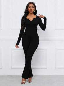 SHEIN Unity Solid Color Slim Fit Jumpsuit With Notched Collar And Flared Bottom - Black - View 5