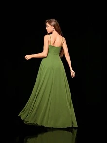 不对称荷叶边交叉水钻扣雪纺长裙 - 綠色 - 查看 2