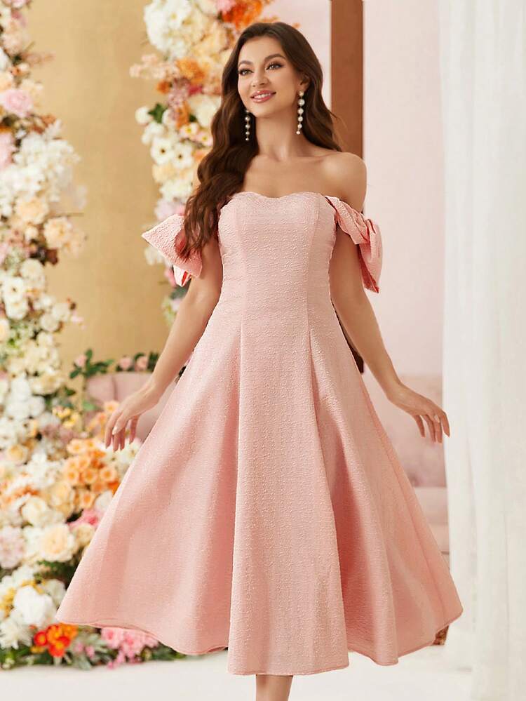 Woven Jacquard Fabric Off Shoulder Elegant Women's Cocktail Dress