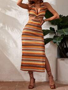 SHEIN VCAY Beach Women Outfits Backless Halter Geometric Crochet Dress - Multicolor - View 4
