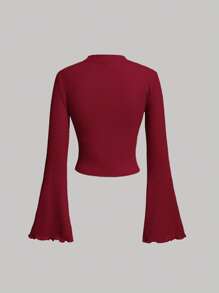SHEIN MOD Women's Pleated Side Split Bell Sleeve T-Shirt - Burgundy - View 2