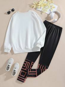 SHEIN Tween 女孩幾何圖案小熊印花衛衣拼接緊身褲套裝 - 白色 - 查看 2