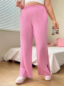 SHEIN EZwear Kích thước lớn Màu thuần Viền chia cắt Rộng chân Quần - Hồng - Xem 3
