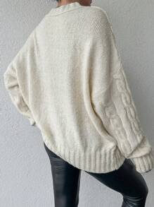 EURMUSE Cable Knit Drop Shoulder Sweater - White - View 2