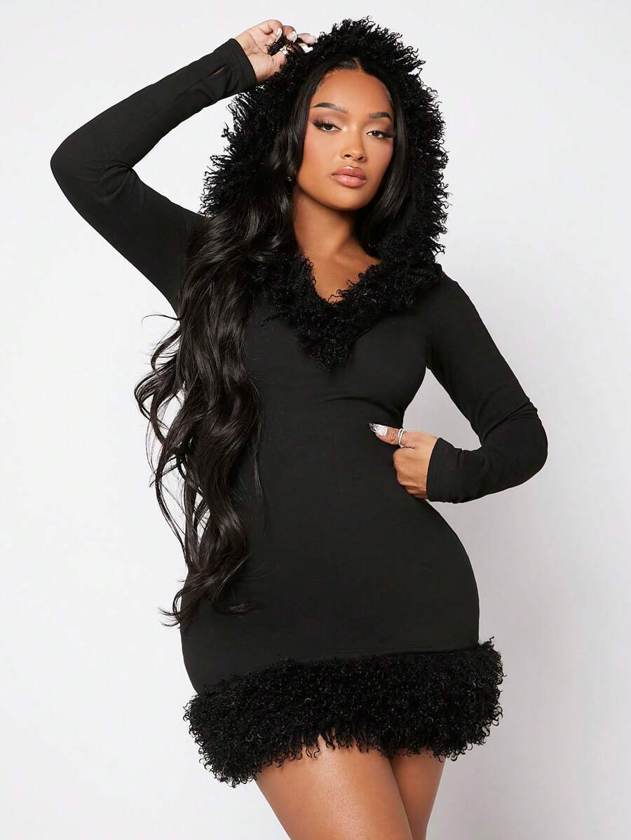 SHEIN SXY Women'S Hooded Patchwork Long Sleeve Dress - Black - View 1