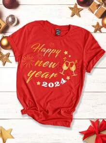 SHEIN LUNE Women's New Year Slogan Wine Glass Printed Loose Fit Short Sleeve T-Shirt With Round Neck - Red - View 1
