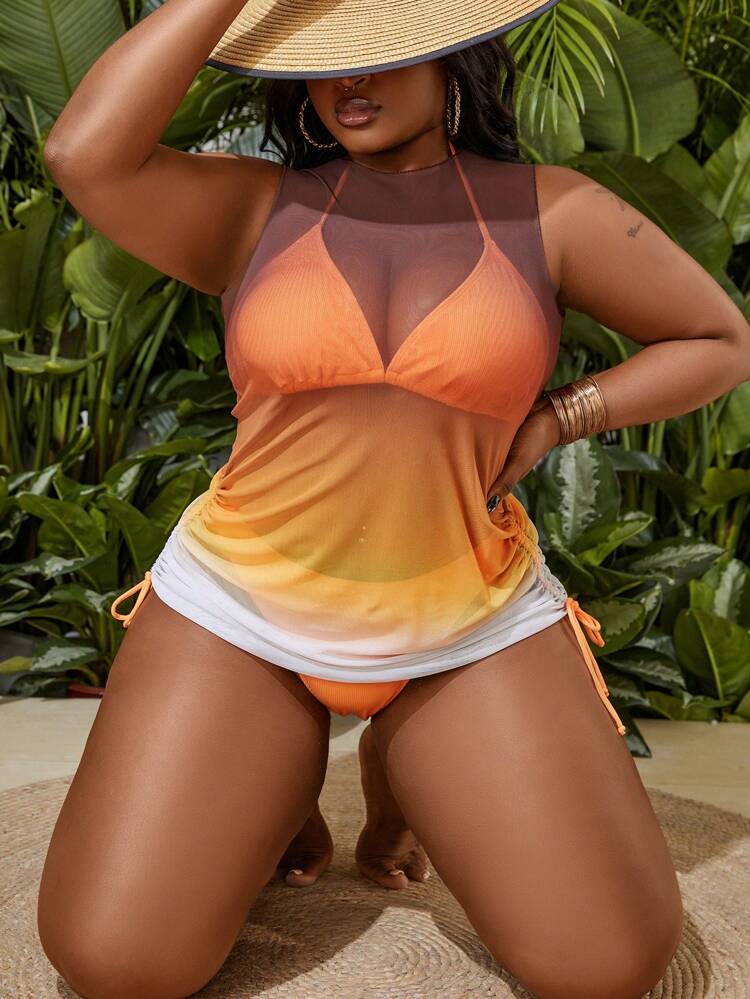 Plus Size Women's Gradient Color Halter Strap 3-Piece Tankini Carnival Summer