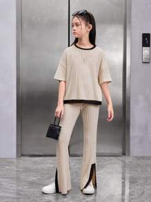 SHEIN Cô gái Tween Lỏng lẻo phù hợp Giải trí Màu sắc Chặn Áo thun Và Viền chia cắt Quần Bộ - Màu be - Xem 4