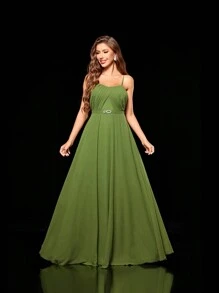 不对称荷叶边交叉水钻扣雪纺长裙 - 綠色 - 查看 3