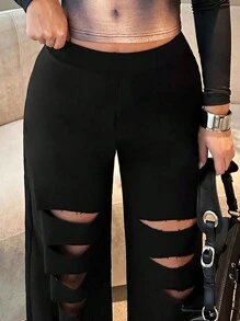 SHEIN SXY Solid Color Ripped Jeans Cargo Jeans Baggy Jeans Spring Summer Women Bachelorette Party Spring Break Birthday Valentine Day Sexy - Black - View 7