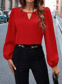 SHEIN Clasi Women's Keyhole Neck Lantern Sleeve Shirt,Long Sleeve Tops - Red - View 8