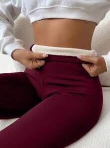 SHEIN Unity High Waisted Thick Lined Leggings For Warmth - Burgundy - View 5