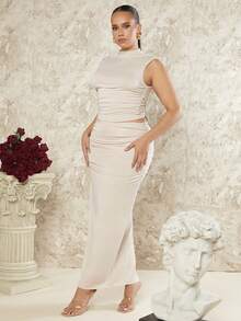 SHEIN BAE Plus Size Women's Knitted Basic Small Stand Collar Vest And Long Skirt Two Piece Set - Beige - View 5