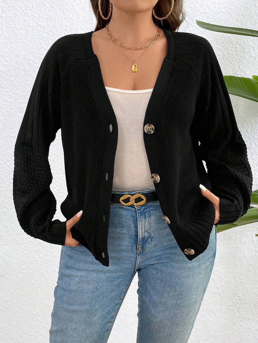 SHEIN Franclia Kích thước lớn Màu thuần Tay Raglan Dài Áo len Mở - màu đen - Xem 1
