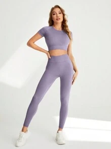 Easithlete 插肩短袖短款上衣和高腰宽打底裤运动服套装健身女士套装女士健身套装 - 紫色 - 查看 3