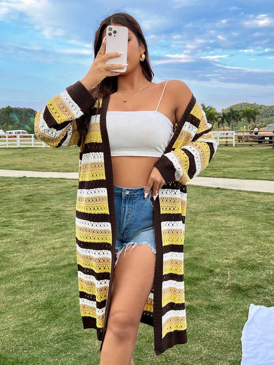 Flirla Women's Plus Size Striped Cardigan, Versatile - Multicolor - View 1