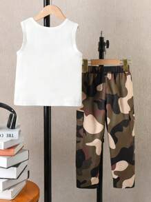 SHEIN Young Boys' Casual Printed Top With Camouflage Cargo Pants Streetwear - Multicolor - View 2