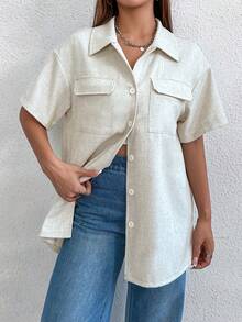 SHEIN Unity 翻蓋口袋和下垂肩袖的襯衫 - 米色 - 查看 6