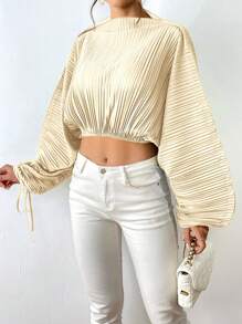 SHEIN Essnce 女性紋理束口蝙蝠袖襯衫 - 杏色 - 查看 1