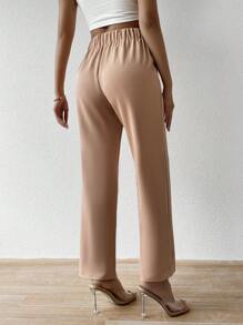 SHEIN Privé 女款高腰休閒長褲,翻邊下擺 - 杏色 - 查看 2