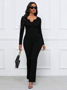SHEIN Unity Solid Color Slim Fit Jumpsuit With Notched Collar And Flared Bottom - Black - View 3