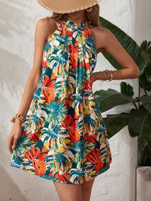 SHEIN VCAY Nhiệt đới In hoa Halter Neck Đầm - Nhiều màu - Xem 3