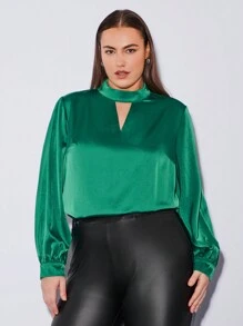 BizChic Women's Plus-size Solid Color Turn-down Collar Casual Shirt With Keyhole Neckline - Green - View 7