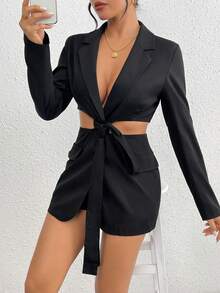 SHEIN Privé Tie Trước Ngắn Quần skinny Giải trí Áo vest Áo khoác - màu đen - Xem 3