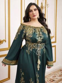 Al Najma Plus Size Women'S Plant Print Lace Up Waist Dress
