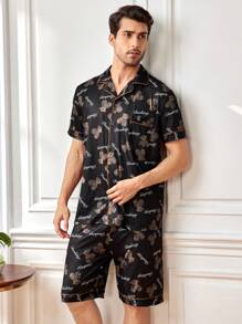 男款卡通熊印花短袖家居服套裝 - 黑色 - 查看 3