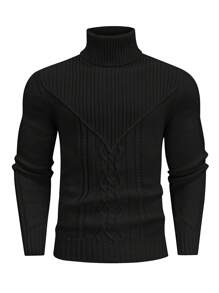 Men's High Neck Cable Knit Sweater - Black - View 3